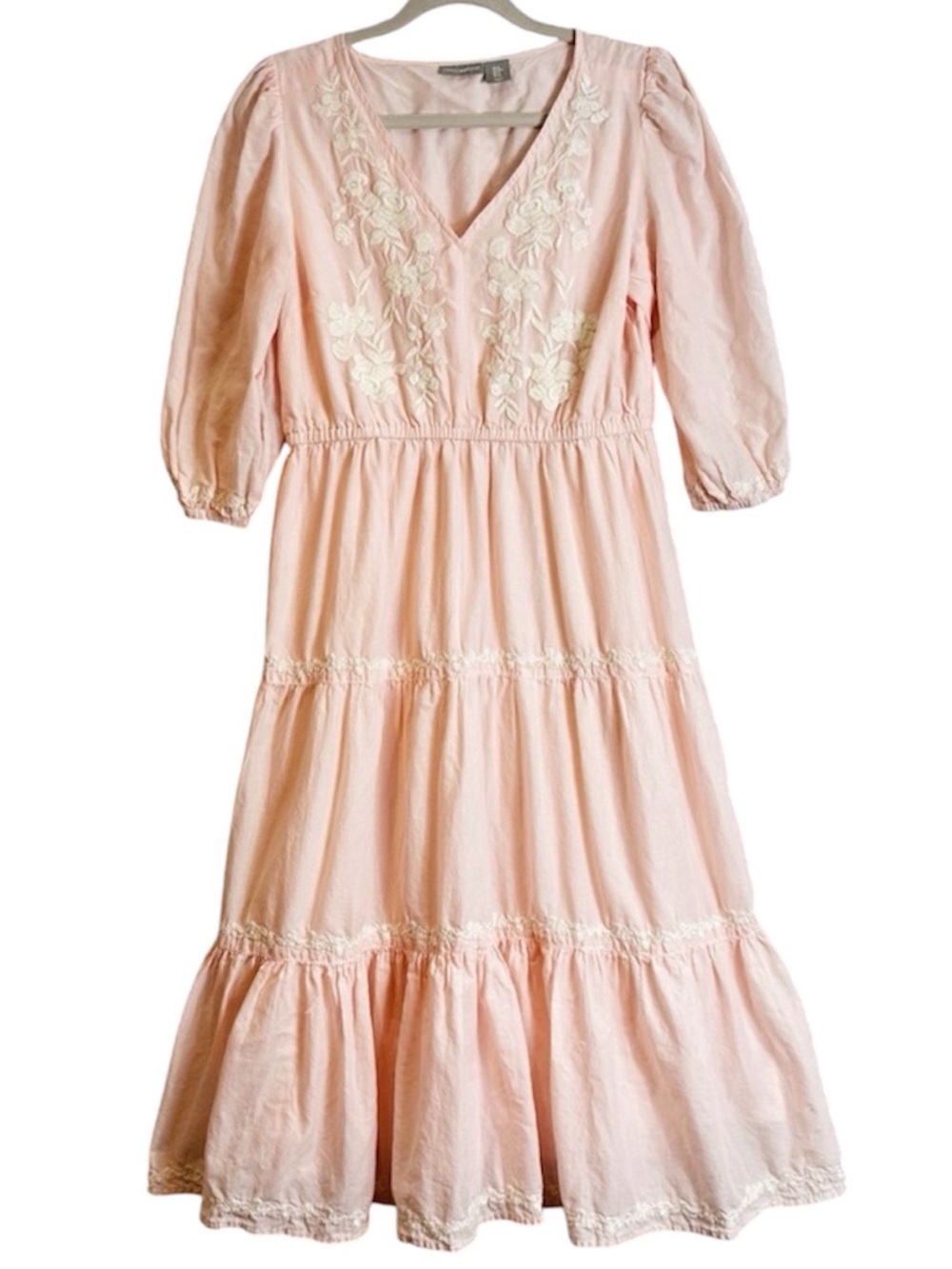Lucky Brand Floral Embroidered Light Pink Cotton Tiered Midi Dress FLAW